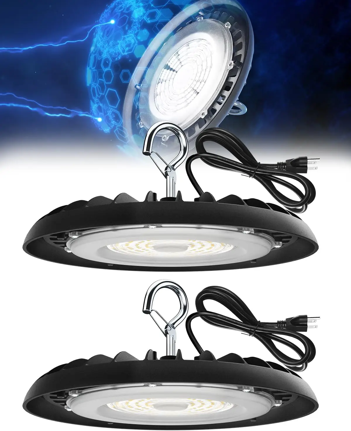 

Светодиодный светильник UFO High Bay 150 Вт, 21000 лм, для склада и мастерской, IP65 водонепроницаемый, с кабелем и вилкой стандарта США, сертифицирован UL, 2 штуки в упаковке