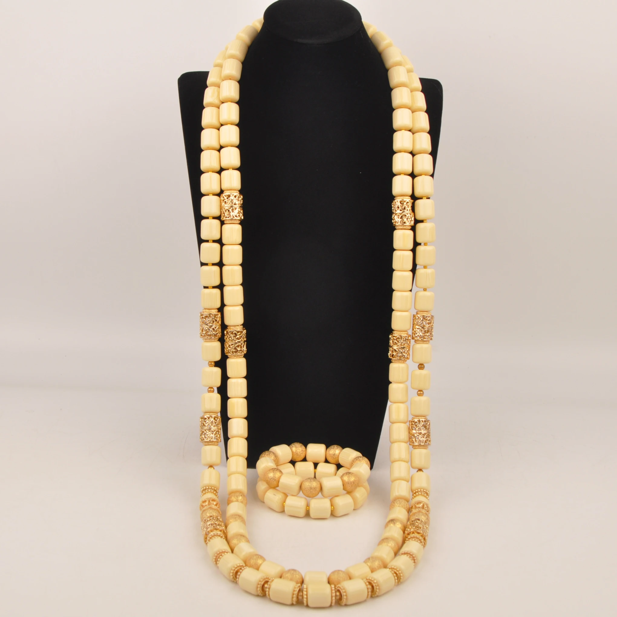 White 50inches Artificial Coral Bead Groom Necklaces African Beads Jewelry Set for Men