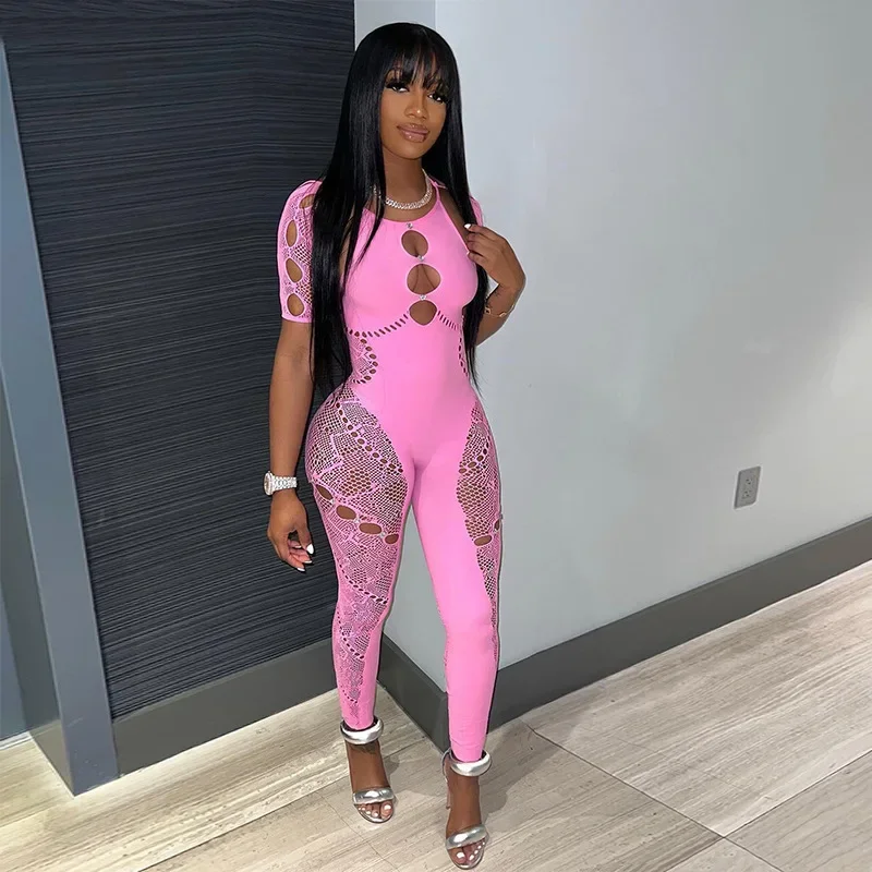 

See Through Hollow Out Skinny Jumpsuits Women Sexy Halter Short Sleeve Peach Hips Slim Night Club Rompers