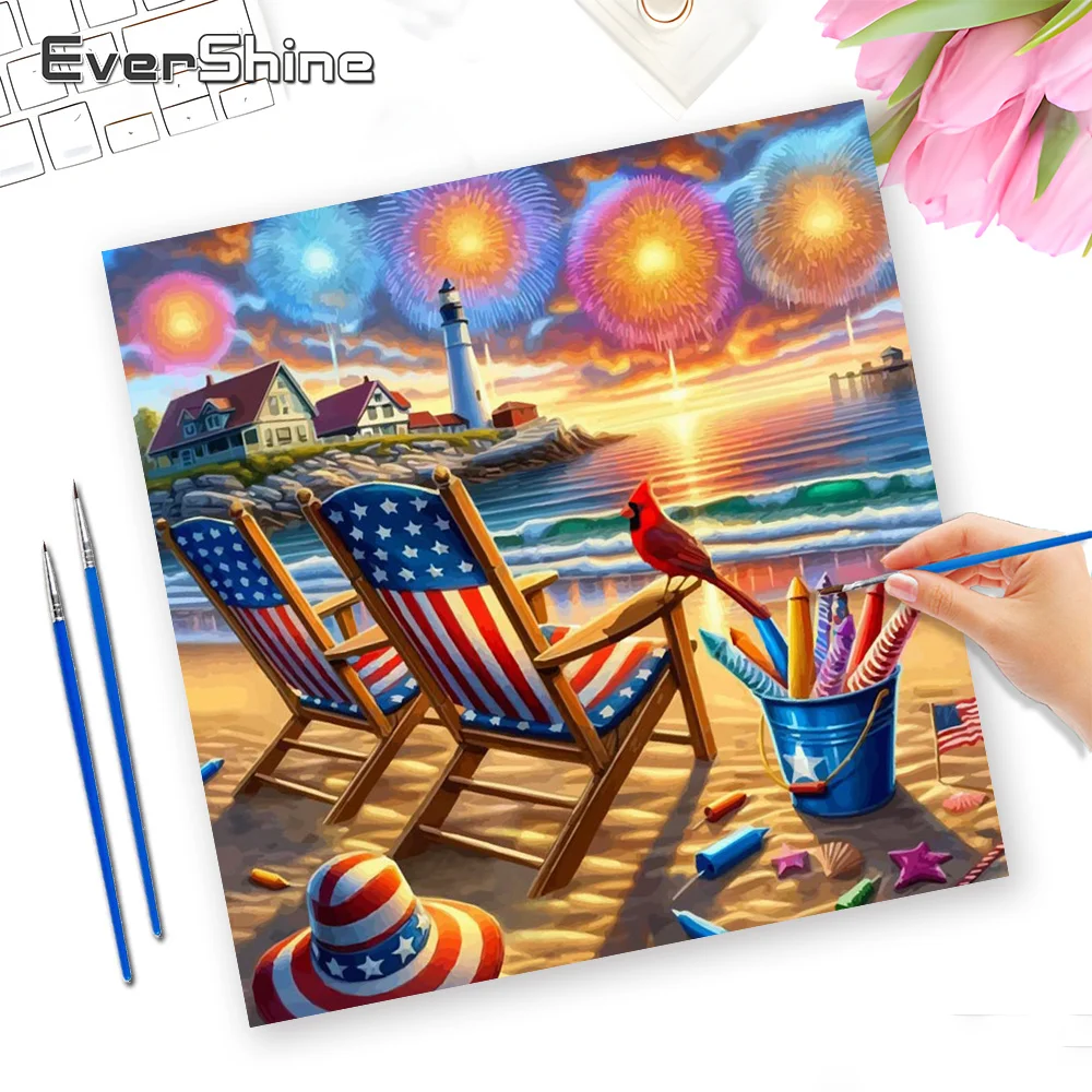 Evershine Oil Painting House Landscape Colorful Canvas Drawing By Numbers Beach Fireworks Design For Adult Beginners Wall Decor