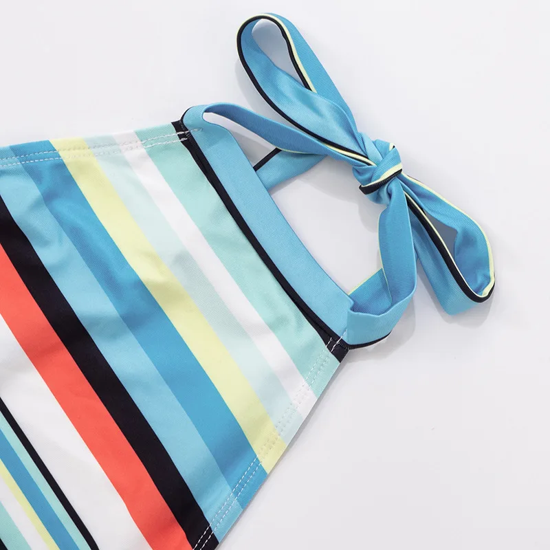 Colorful Striped Lace Up Halter Backless Knee Length Jumpsuits Women Sexy Sleeveless Ruched Skinny Fitness Street Rompers Overll