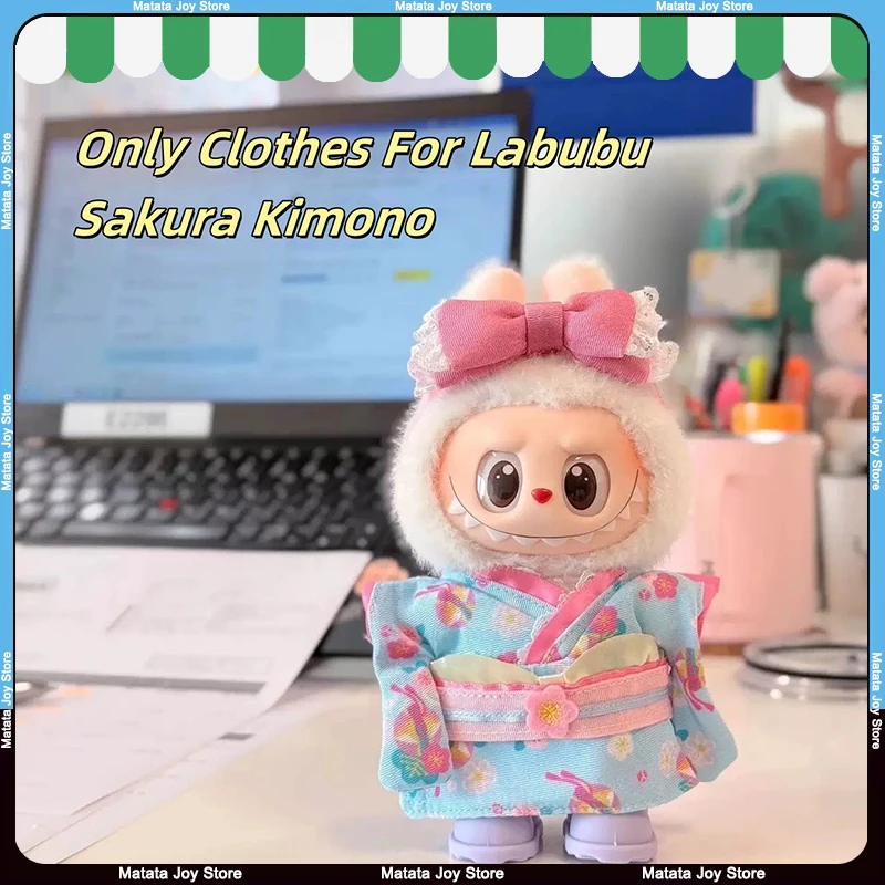 

Only Clothes For Labubu Sakura Kimono 17cm Dolls Clothing Kimono Set Summer Pink Bow Kawai Blue Suit Fashionable Soft Fabric