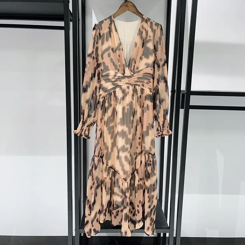 2025, Herbst-Winter-Retro-Kleid mit geometrischem Blumenmuster im Urlaubsstil, weiches Hemdkleid mit V-Ausschnitt und passendem Rock-Design