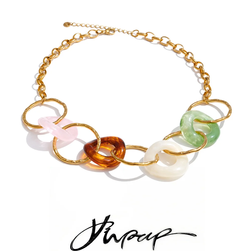 Yhpup New Arrivals Stainless Steel Resin Acrylic Round Statement Necklace 18K Gold Color PVD Plated Summer 2026 Jewelry