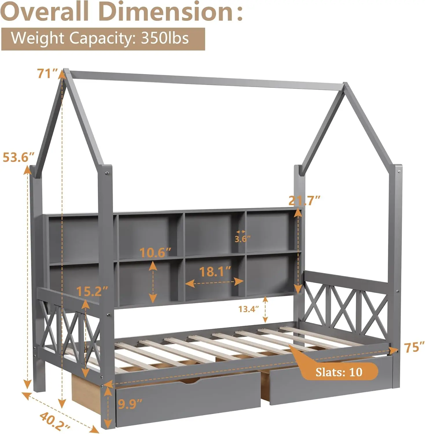 Twin Bed Frame for Kids, House with 2 Drawers, Platform  with Headboard and Wood Slats,  House with Fence for Boys