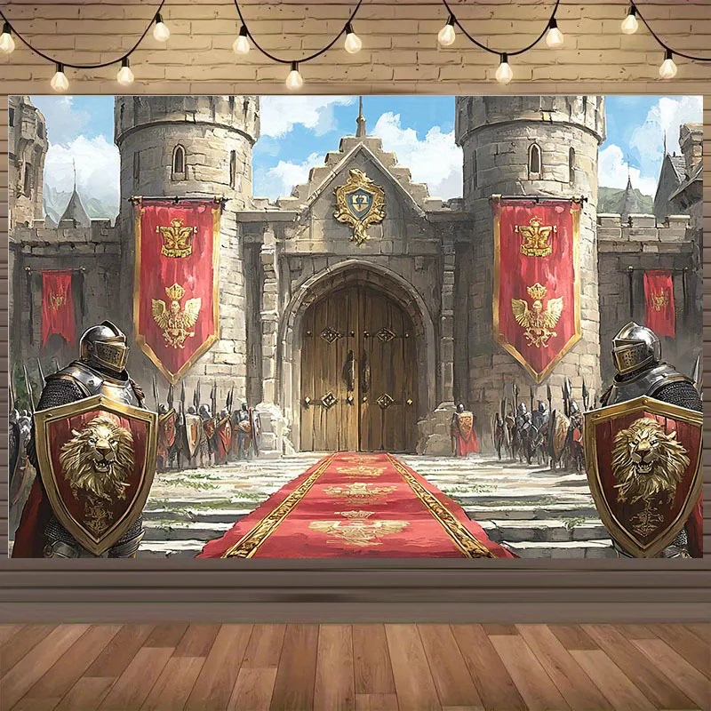 Banner 2D 1 pieza, fondo de castillo medieval 2D con escudo de león rojo y diseño de caballero fiesta de Halloween, evento temático, portón trasero