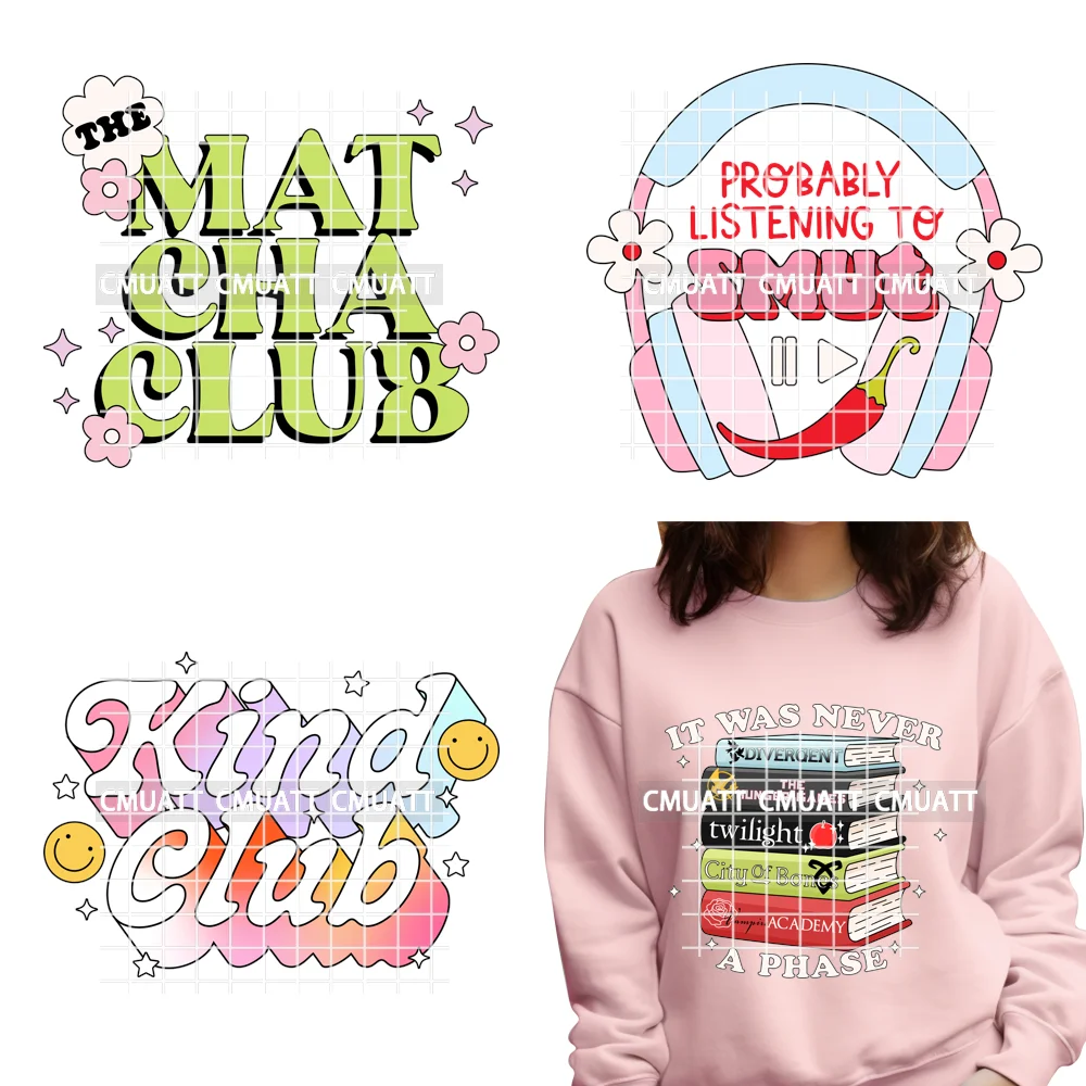 

Забавная книга для девочек Matcha Kind Club, вдохновляющие цитаты для чтения, термопереносные наклейки с термопереносом DTF, готовые к нажати для одежды