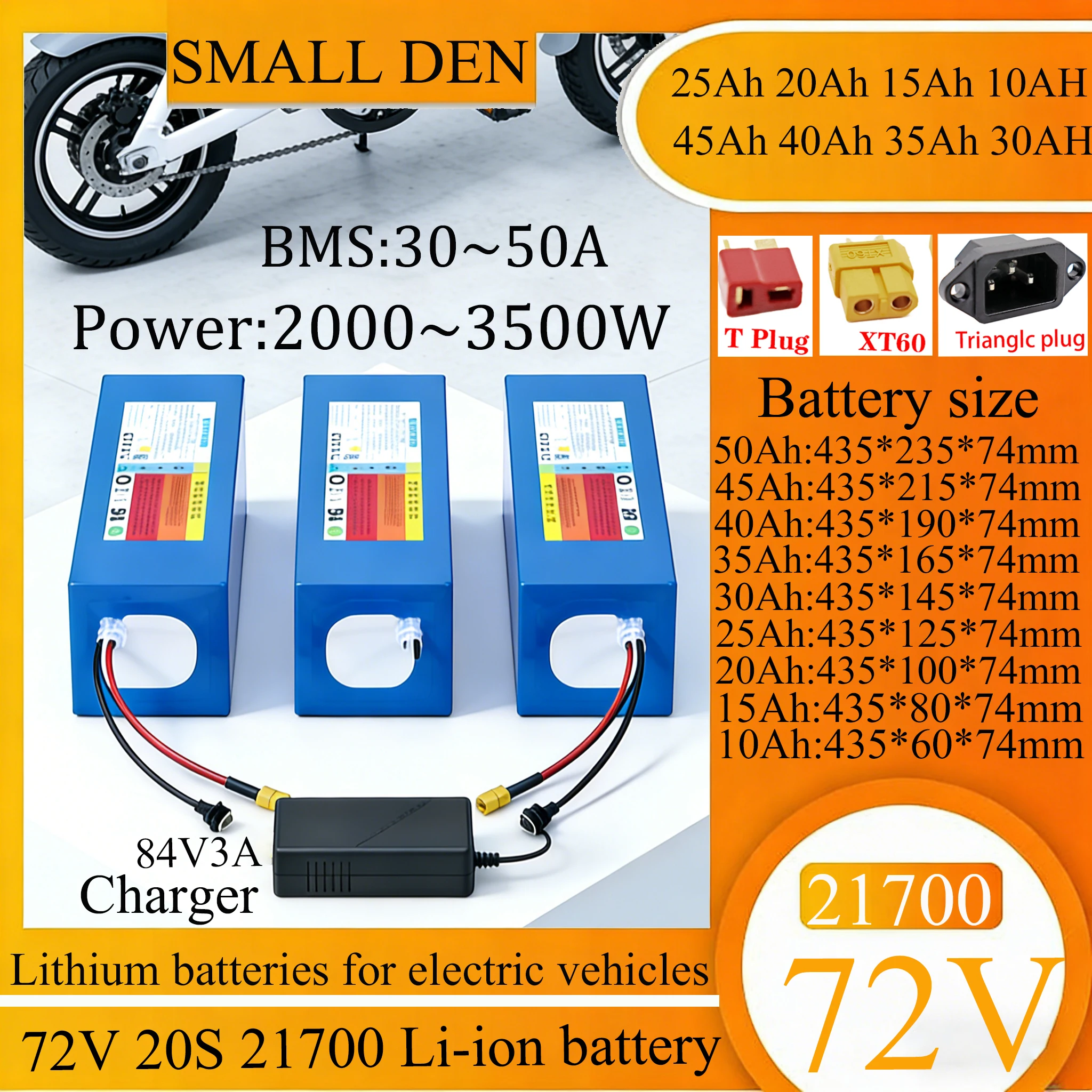 72V 50Ah 45Ah 20Ah 25Ah 30Ah 35Ah 40Ah 15Ah 10Ah 21700 Lithium battery pack 3500W High Power BMS EU/US duty-free +3A charger
