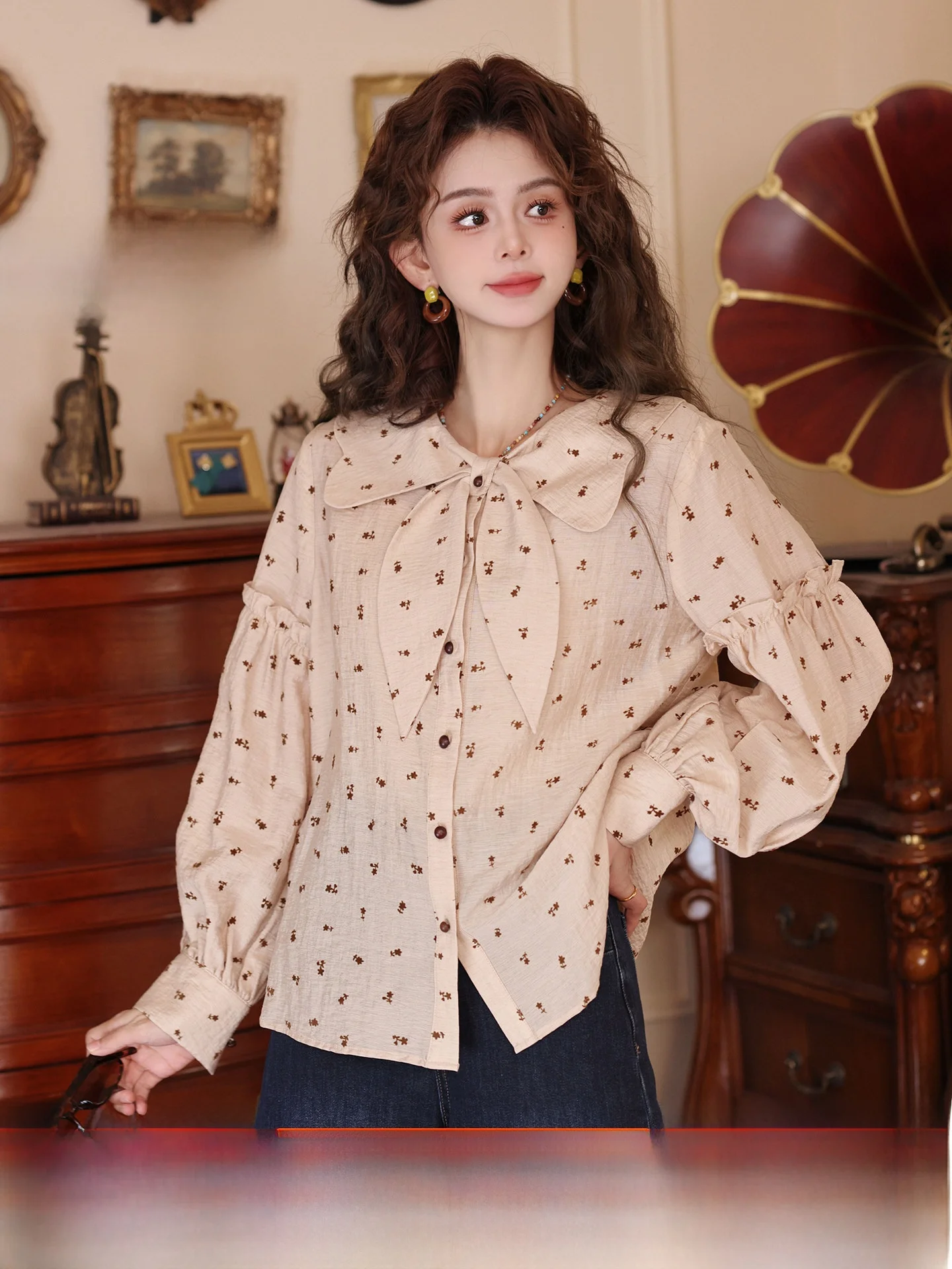 

Chen Jiajie Rose Diary Retro Autumn Long Sve irt Women's New Knot Floral Print Loose Fit Comfortable Breathable