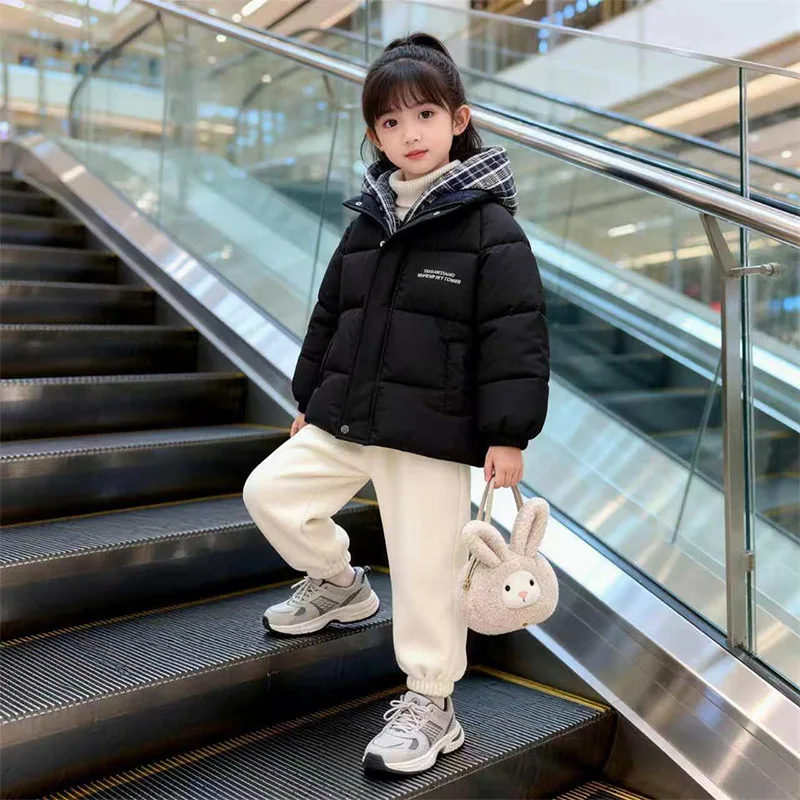 123  Winter New Boys Jacket Patchwork False Two-Piece Thick Warm Hooded Zipper Snowsuit For Girls Down Cotton Outerwear 3-10 Y