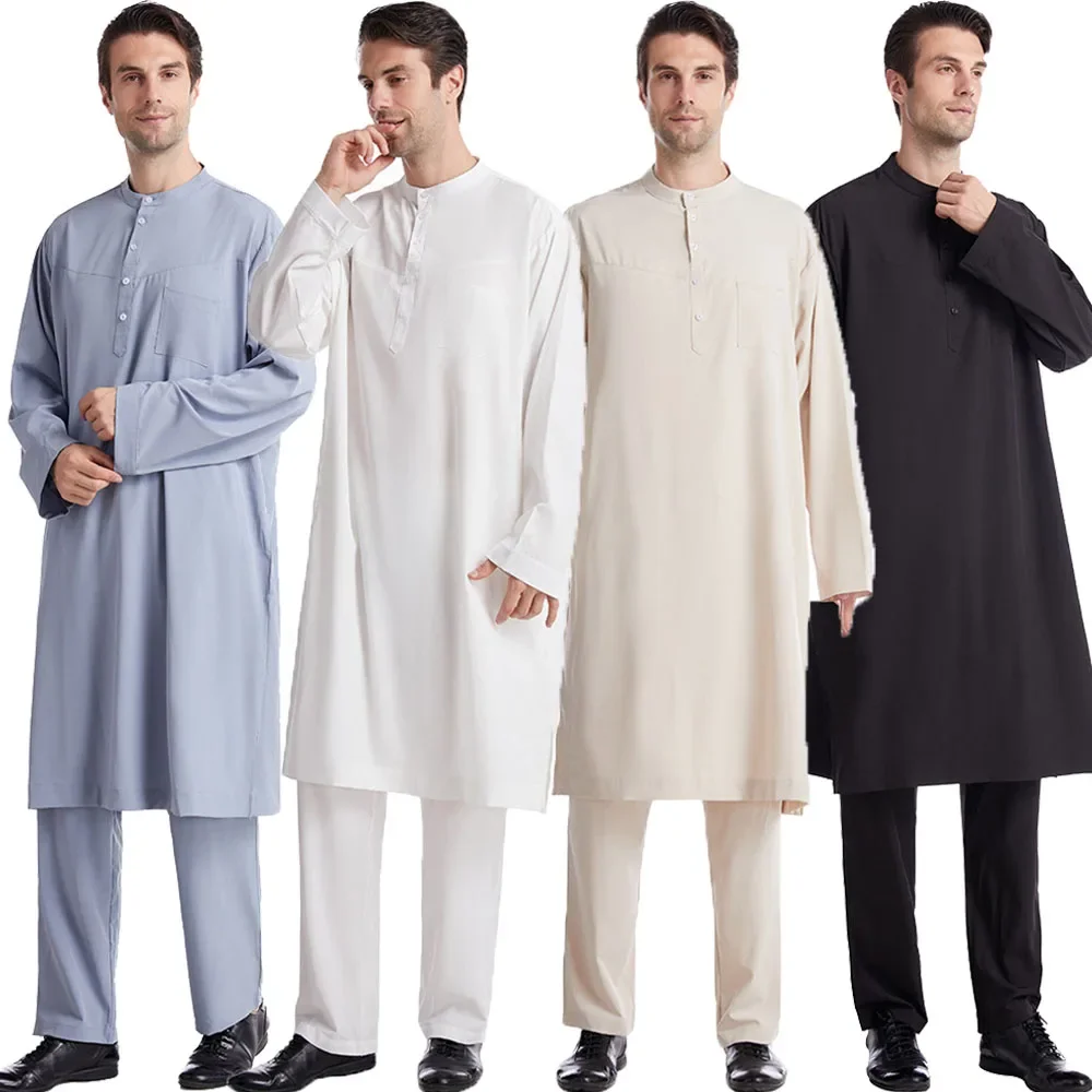 Men Saudi Jubba Thobe Thoub Kaftan Dubai Arabic Islamic Muslim Robe Long Pants Set Abaya Dress Dishdasha Mens Clothing Suit