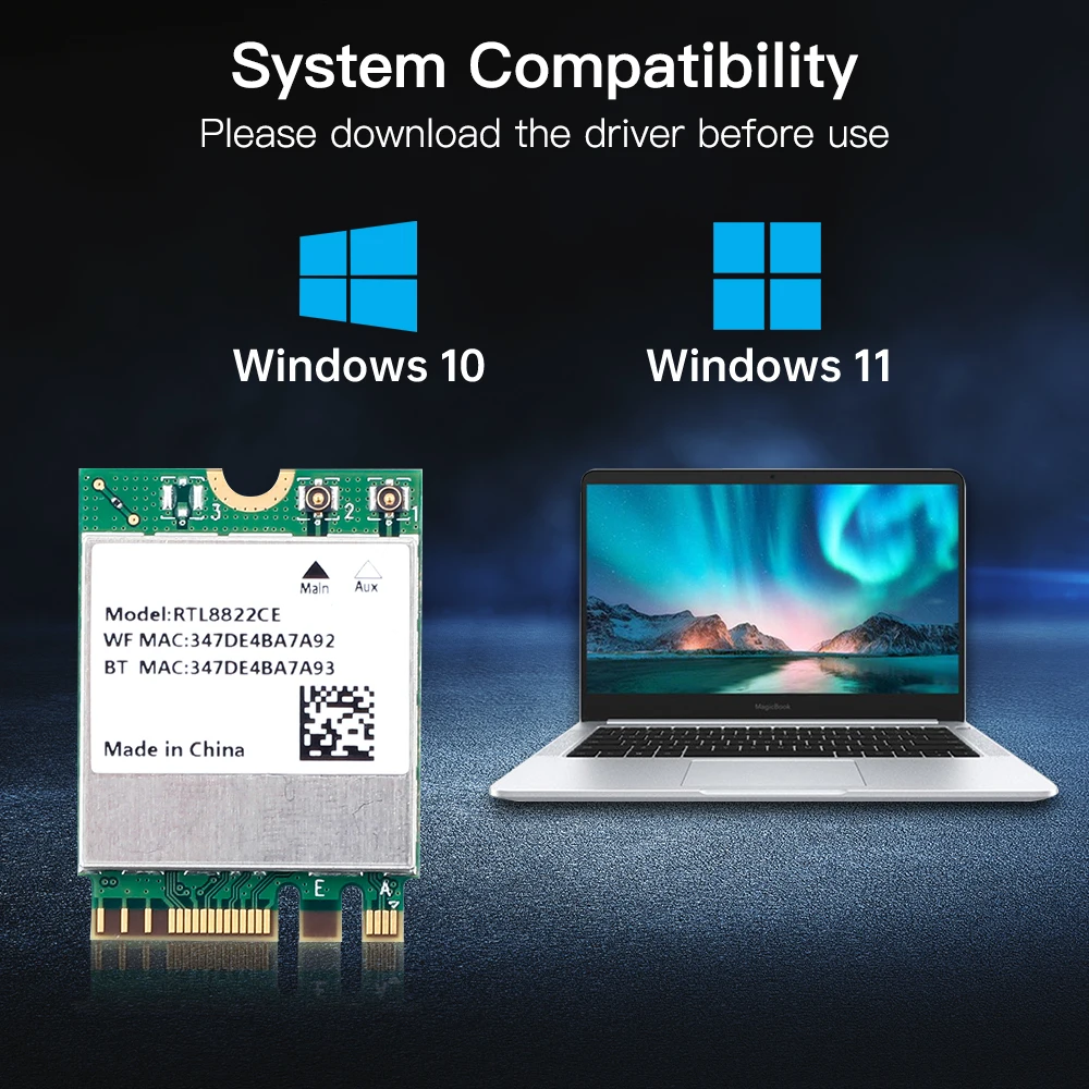 fenvi 1200Mbps RTL8822CE WiFi 5 Card  Bluetooth 5.1 Dual Band 2.4G/5GHz M.2 Network Wireless Adapter for Windows 10/11