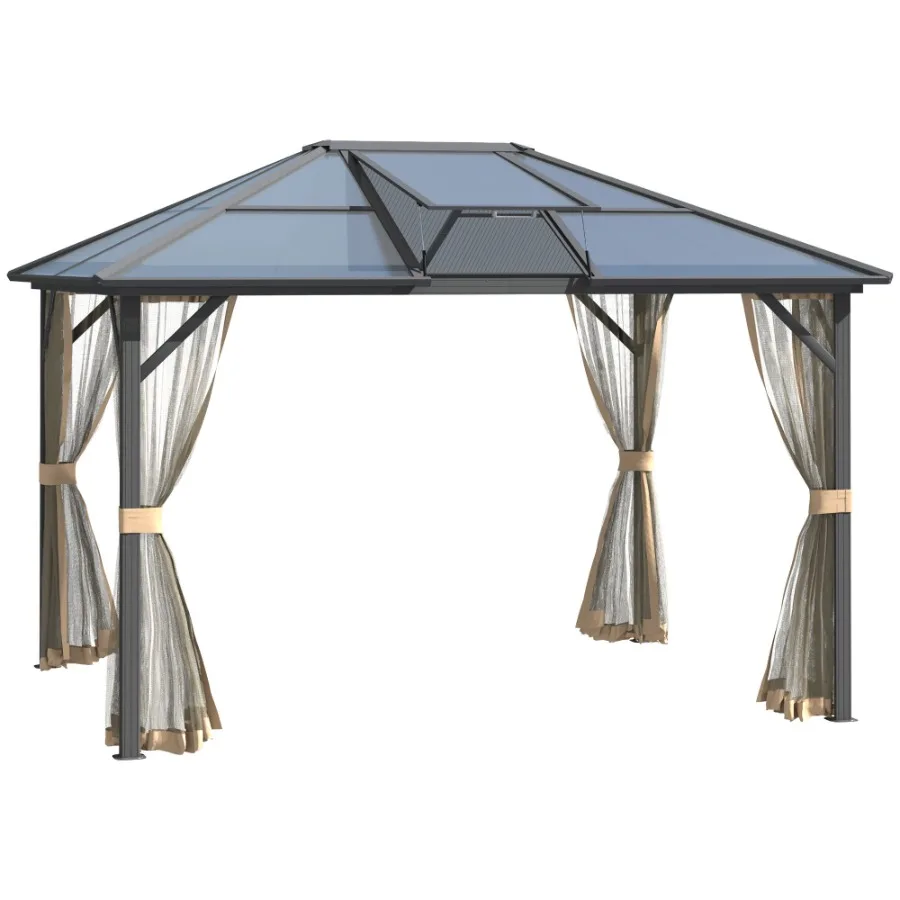 

10' x 12' Hardtop Gazebo Canopy with Polycarbonate Roof Top Vent and Aluminum Frame Permanent Pavilion Outdoor Gazebo with Nett