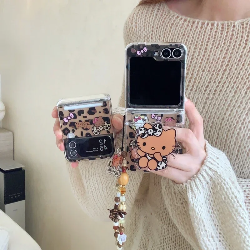 Schattige Cartoon Sanrio Luipaard Print Hello Kitty Card Portemonnee Zak Telefoonhoesje Voor Samsung Galaxy Z Flip 6 5 4 3 Zachte Tpu Hoes