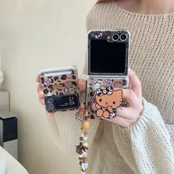 Schattige Cartoon Sanrio Luipaard Print Hello Kitty Card Portemonnee Zak Telefoonhoesje Voor Samsung Galaxy Z Flip 6 5 4 3 Zachte Tpu Hoes