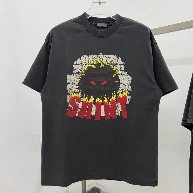Saint Flame Devil Pattern Letter Print T Shirt Men Women High Quality Oversized T-shirt Top Tees