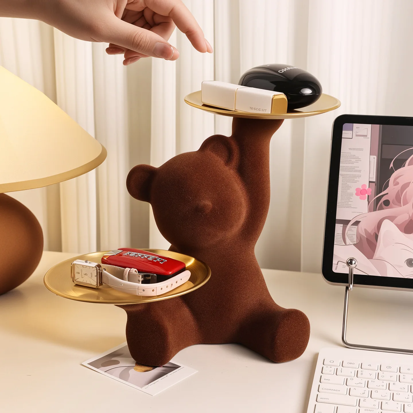 Ceramic Teddy Bear Key Storage Rack Entrance Plush Bear Decor Light Luxury High-end Living Room Desktop Decor Housewarming Gift