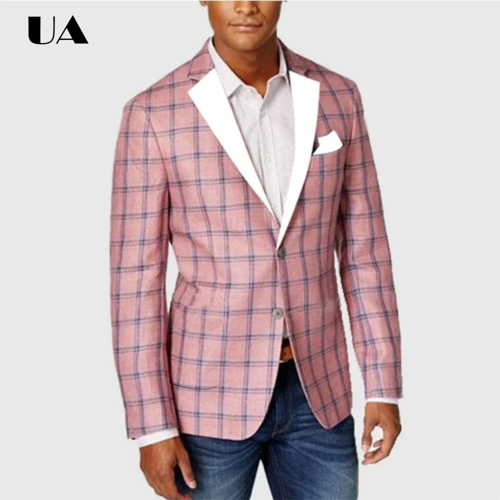 

Мужской розовый пиджак в клетку с контрастными белыми лацканами, из смесового льна, приталенный, повседневный, для свадьбы, вечеринки, легкая летняя верхняя одежда