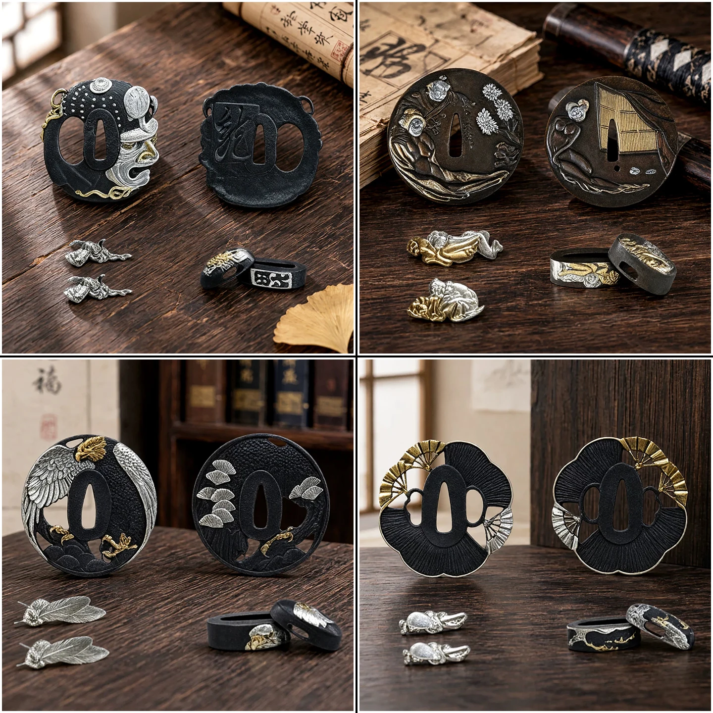 Japanese Sword Fitting Set DIY Sword Parts Tsuba Guard + Fuchi Kashira + Menuki Katana Wakizashi Tsuka Handle Accessories