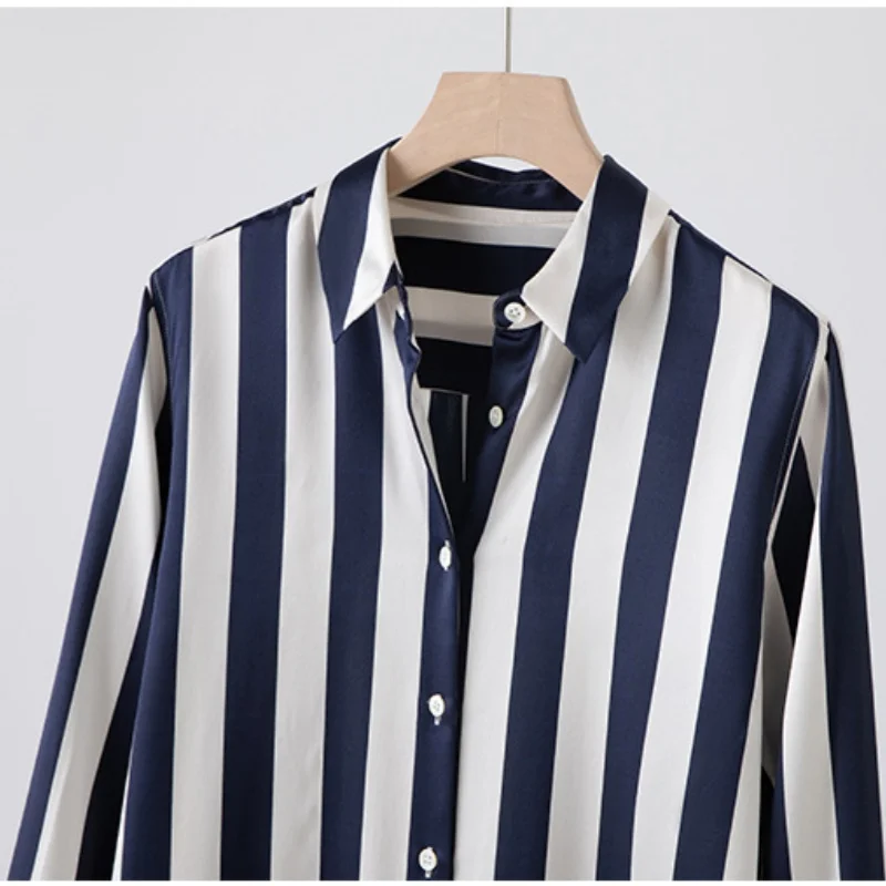 Birdtree، 9% التوت الحرير 7٪ دنة شريط بلوزة، المرأة الحرير تمتد الساتان التلبيب قمم، كم كامل قميص، 2025 جديد T5D627JF #2