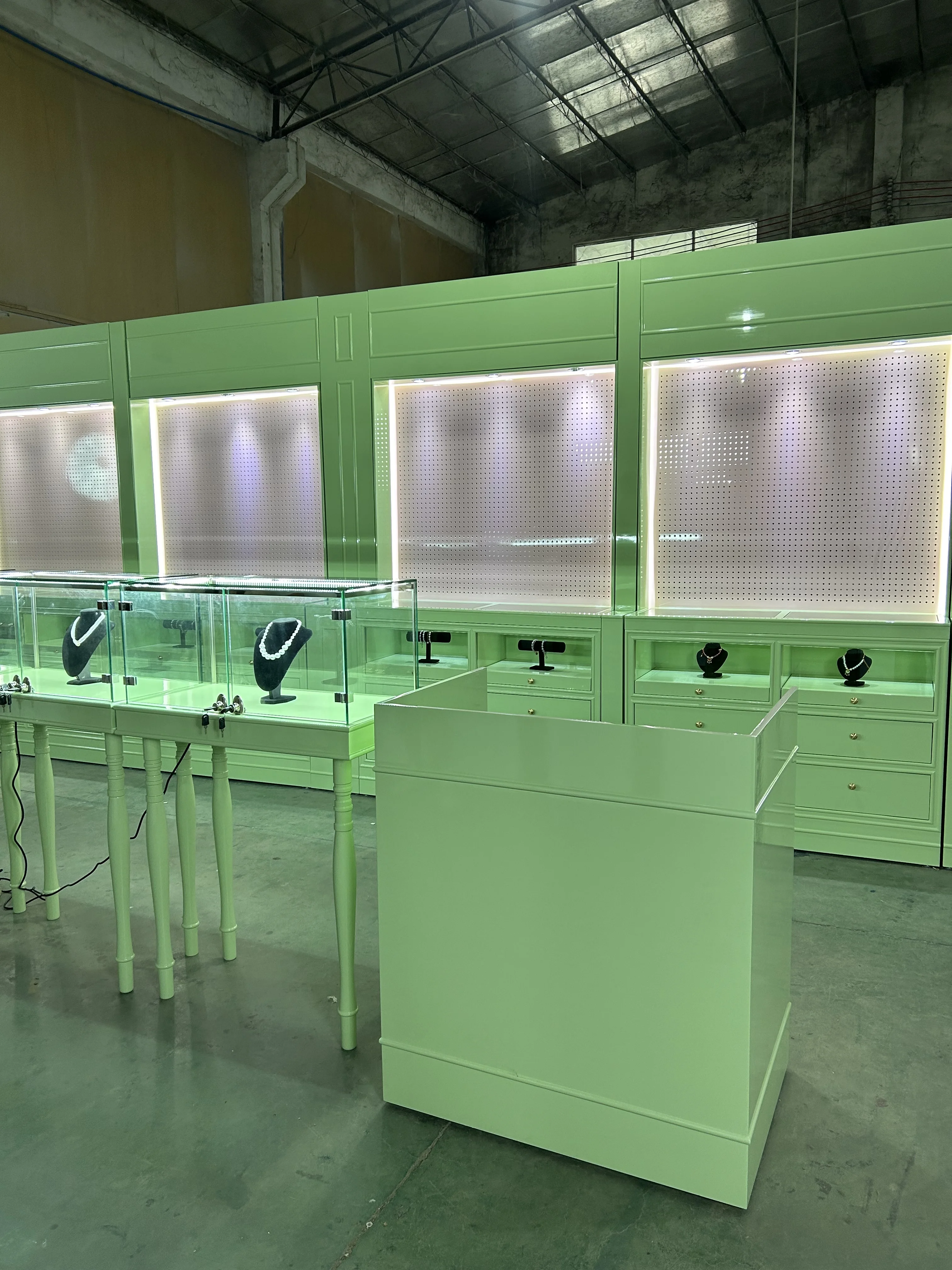 Custom Shop Design Wooden Wall Glass Display Cabinet Jewelry Case Gold Silver With LED Lighting Jewellery Showcases Display