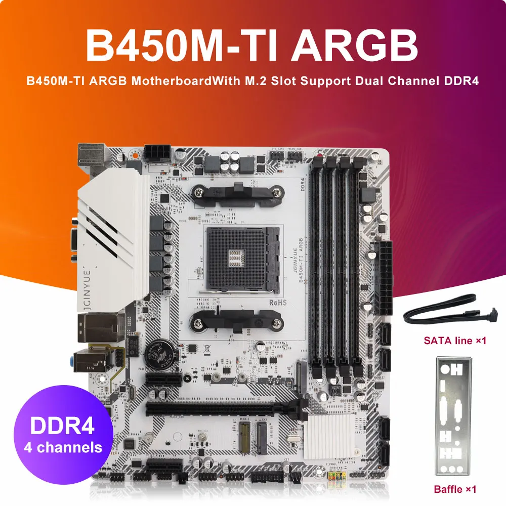B450M TI AM4 Motherboard 4xDDR4 Slots Max 64G, AMD Ryzen 1000/2000/3000/4000/5000, 4xSATA3.0 6Gbps,  2xM.2 NVME, PCI-E 3.0 X16 - view 4