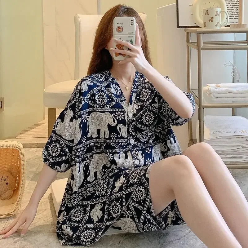 

Short-sleeved Shorts Cotton Pajamas Women Print Summer Homewear Beach Casual Pajama Sets Nightwear Oversized Vintage Korean Chic