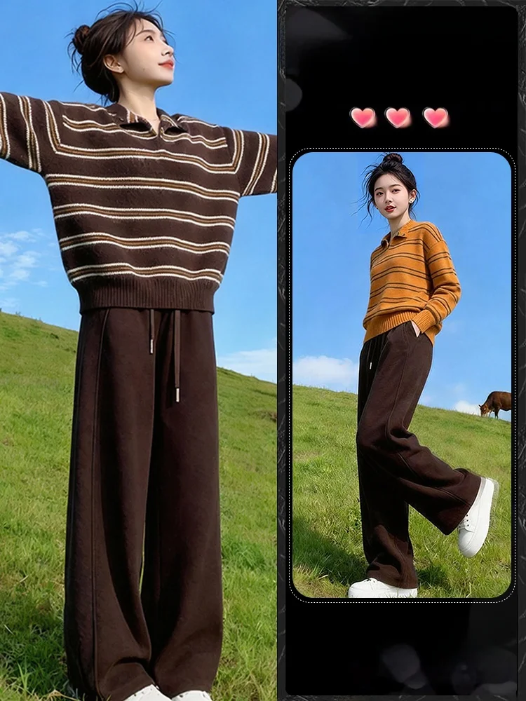 

Faionable Loose Striped Sweater High Waist Wide Leg Pants Two Piece Set Women Spring 2026 Breathable Cotton Casual Wear