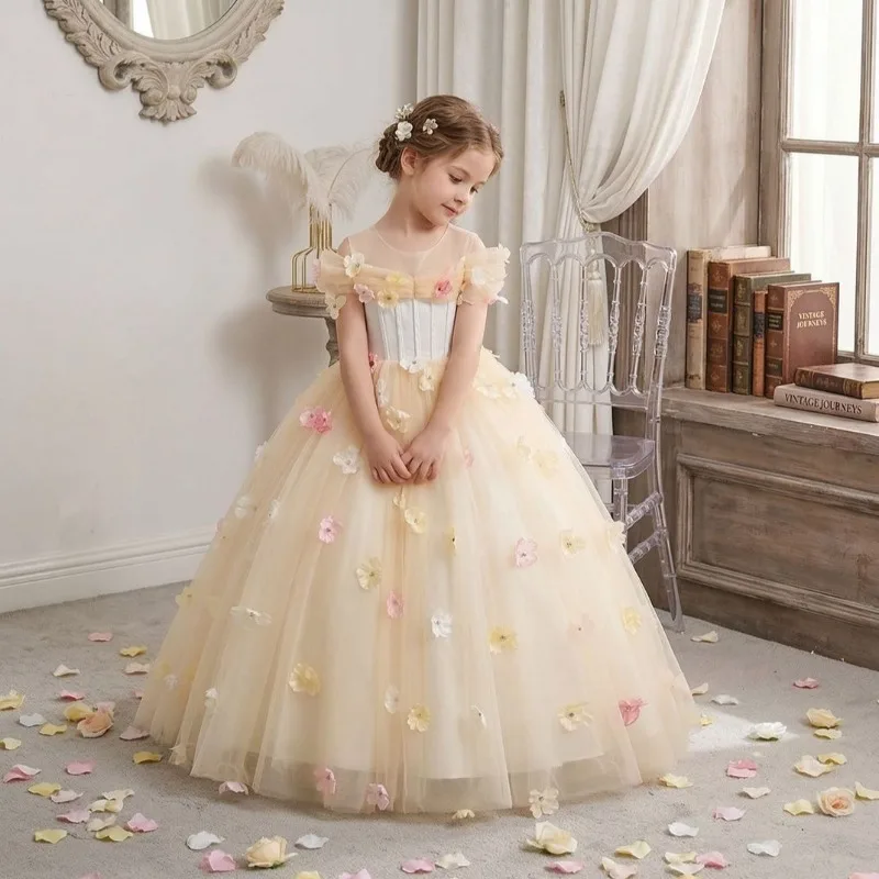 Six One Flower Perfume Champagne Dress Child Model Portrait Lightweight Wedding Dress Net Silk Princess Dress for Older Children
