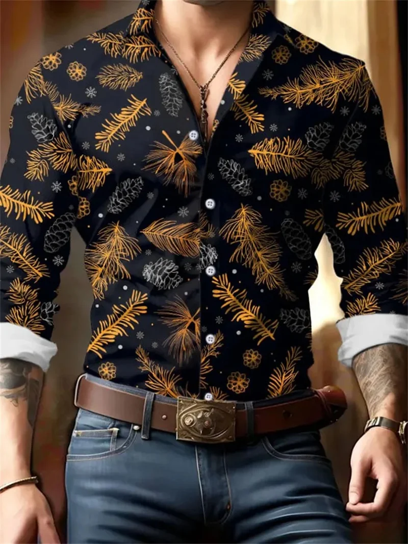 New Men's Christmas Pine Print Long Sleeved Shirt with Snowflake Pattern Lapel Button Up Shirt for Casual Holiday Parties