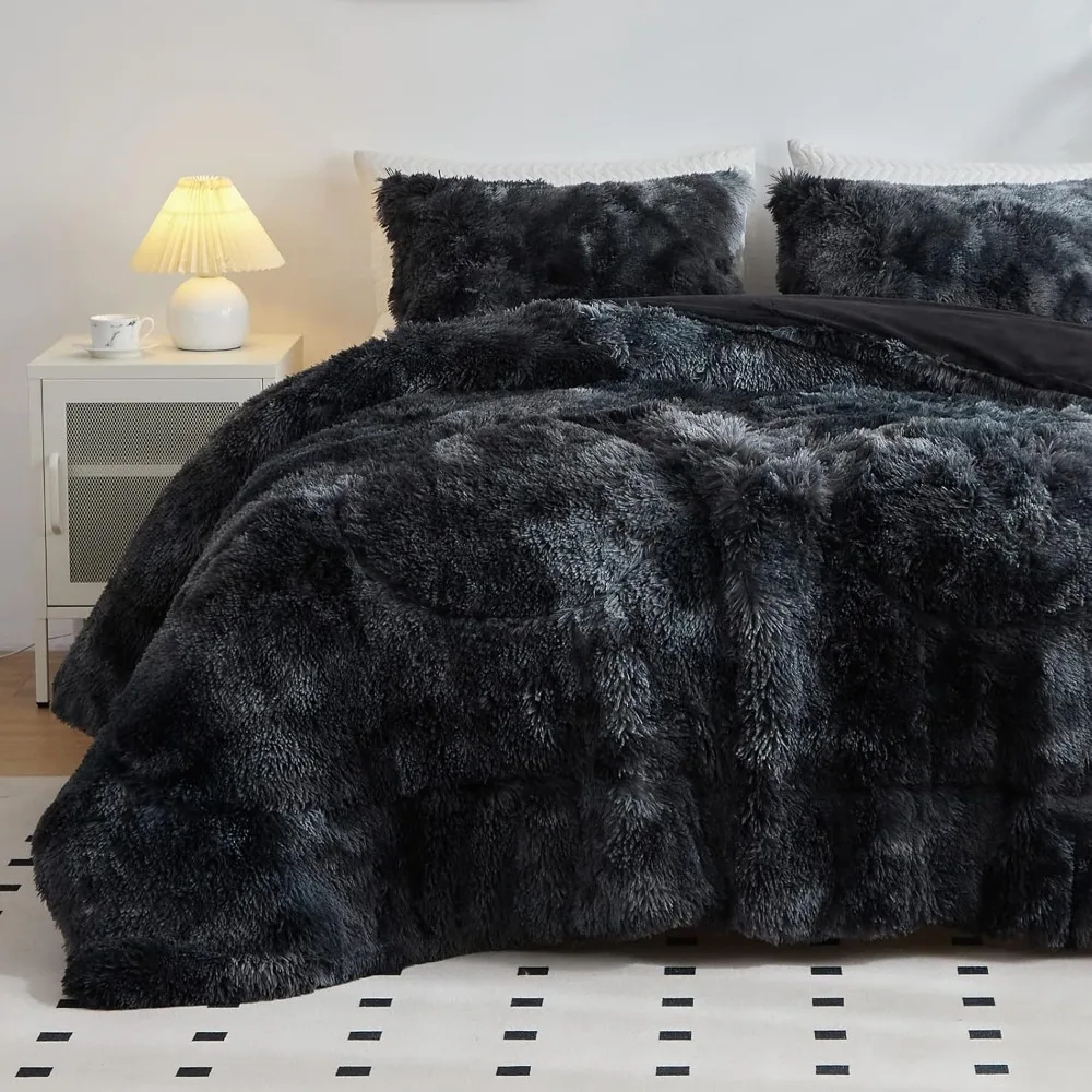 Faux Fur Plush Black Comforter Set Fluffy Fuzzy Shaggy Bedding Set - 3PC King Size Microfiber Soft Warm Quilt Set