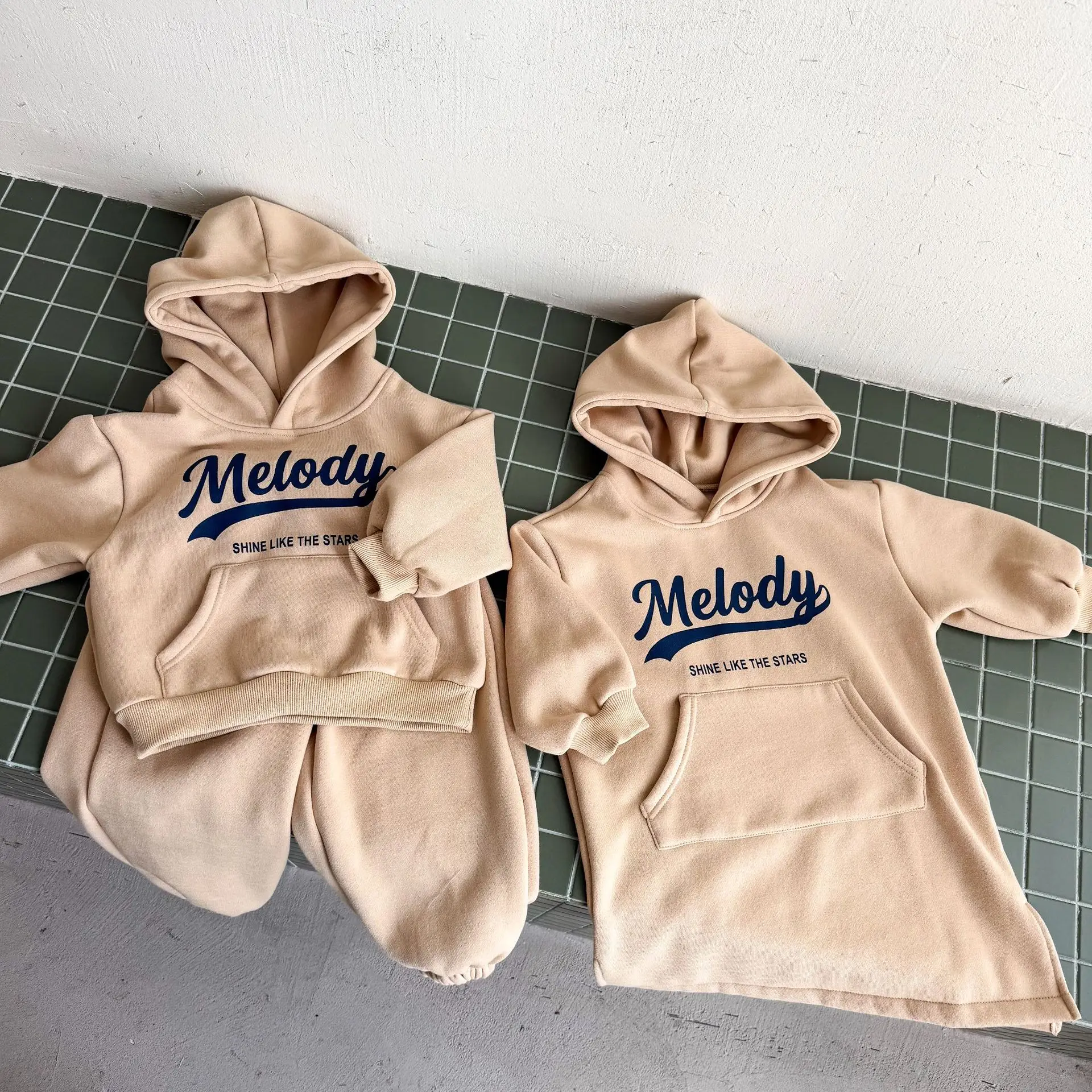 Set 2026 Autumn and Winter New Childrens Clothing Boys and Girls Letter Plus Velvet Hoodie Two-piece Dress Brother and Sister