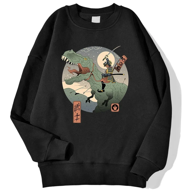 

Japanese style samurai dinosaur print man pullover simple fleece autumn hoodie Street crewneck fleece sweatshirt hipster clothes