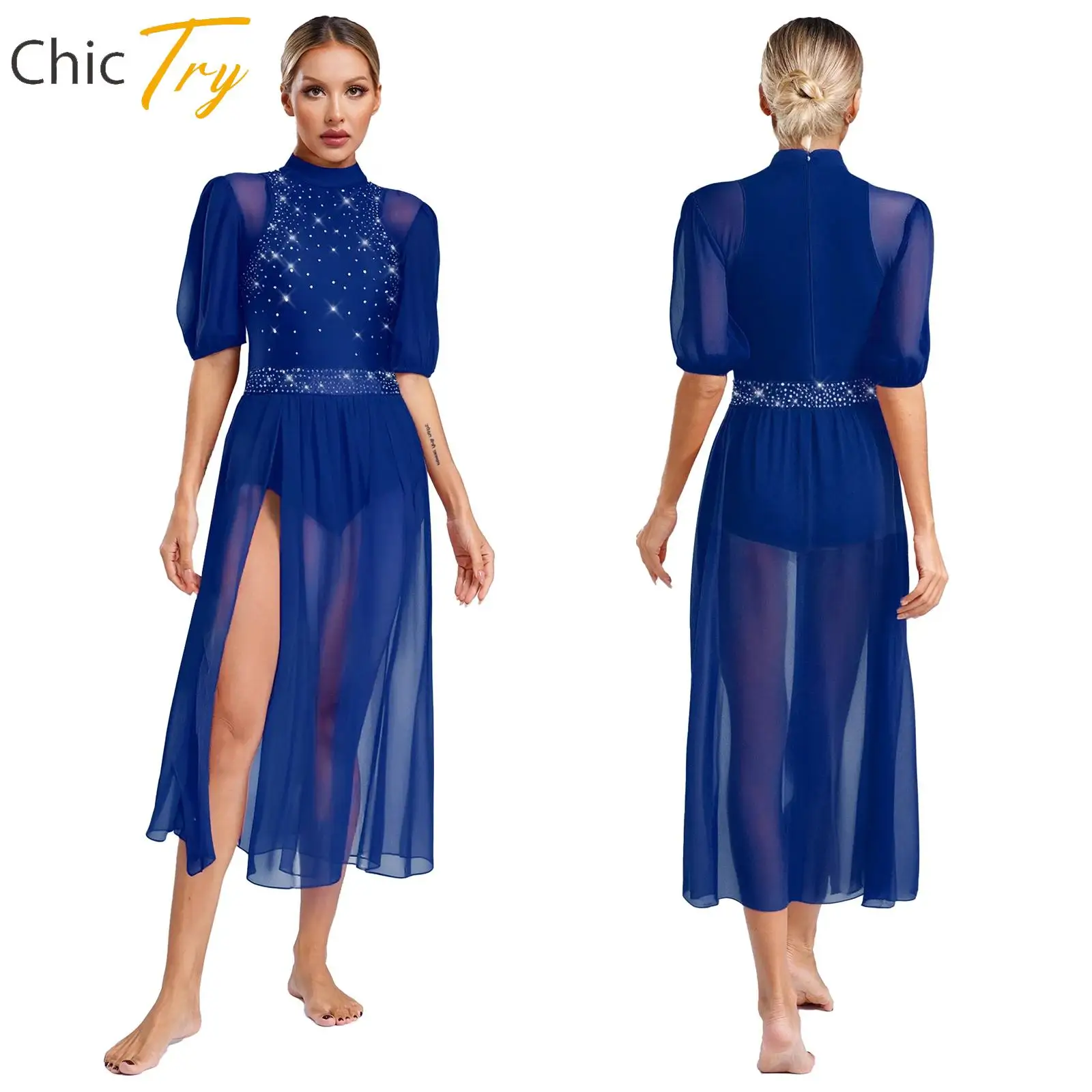 

Sparkly Rhinestone Womens Lyrical Overlay Dress Modern Contemporary Dress Slit Mesh Hem Ballet Gymnatics Skating Leotard Dress