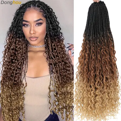 Boho Boho Box 브레이드 크로셰 브레이드, 곱슬 끝, 1B, 30, 27, 4 번 버그, 8 가지 색상, 옴브레 여신 보헤미안 박스 브레이드, 크로셰 헤어, 14, 18, 24 인치