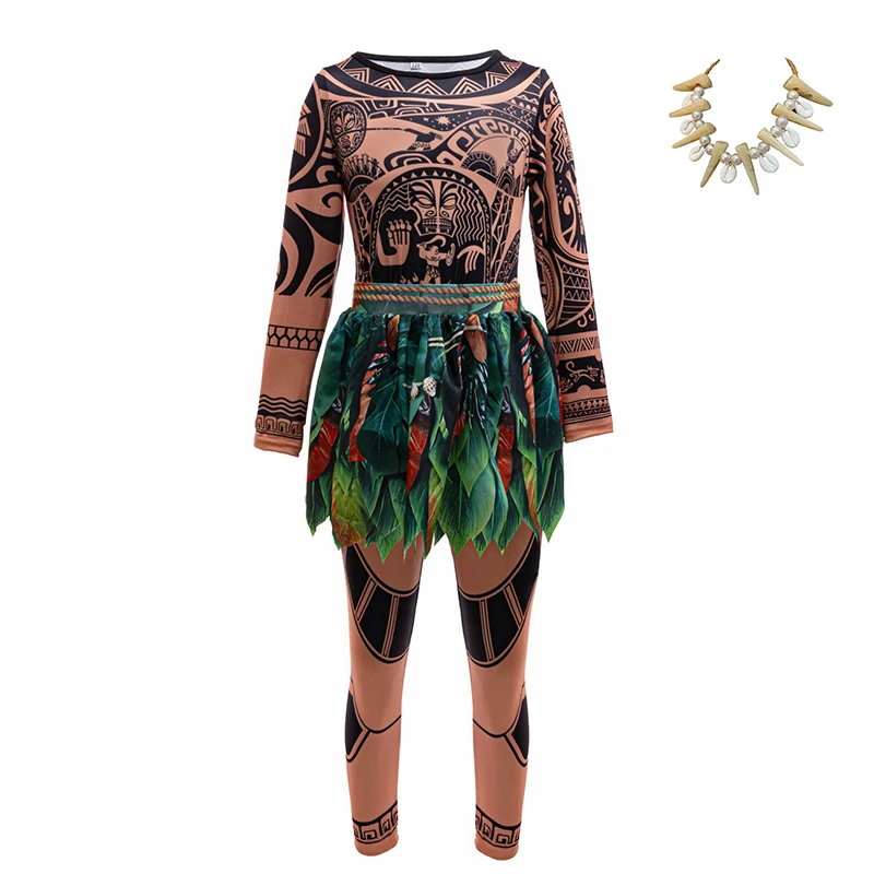 New Movie Moana 2 Dress for Girls Adventure Costume Girl Princess Fancy Clothes Children Vaiana Carnival Party Necklace Flower
