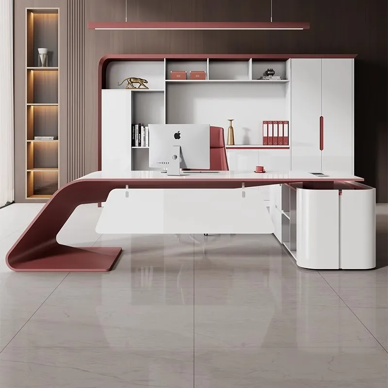 

Modern Fashion President Boss General Manager Executive Office Desk With Drawers Storage Computer Desks Filing Cabinet Red White