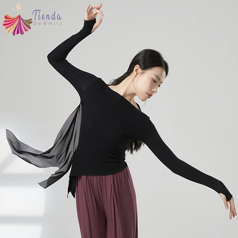 Women Modern Dance Top Long Sleeve Tulle Spliced Shirt Irregular Hem Latin Training Clothes Slim Top Thumb Hole Blouse Dancewear