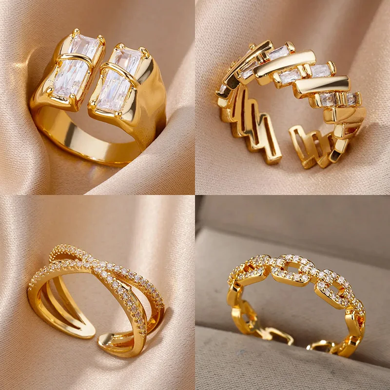 Irregular Square Zircon Rings For Women Stainless Steel Gold Plated Opening Ring Trend Wedding Party Fashion Jewerly Gift 2023