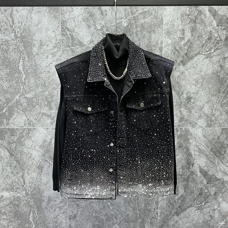 2024 High-End Tank Tops Rhinestone Starry Denim Vest Coats Men's High Street All-Match Loose Comfort Sleeveless Trendy Vest