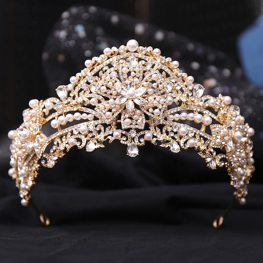 

European Queen Princess Retro Crown Pearl studded rhinestone wedding banquet party headpiece