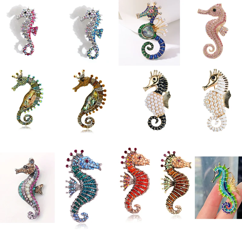 European and American new cartoon diamond seahorse shape brooch personalized men women sea animal clothing buckle pin jewelry