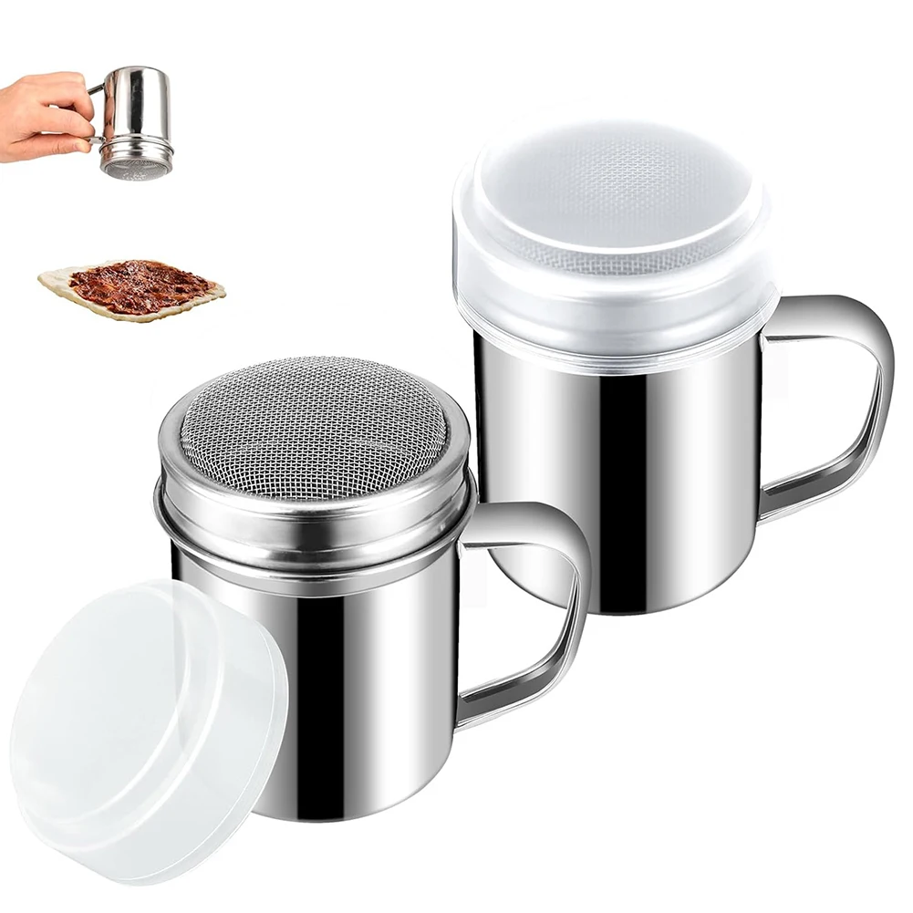 2 Pieces Stainless Steel Powdered Sugar Shakers with Ergonomic Handle for Cocoa Cinnamon and Matcha Sprinkling