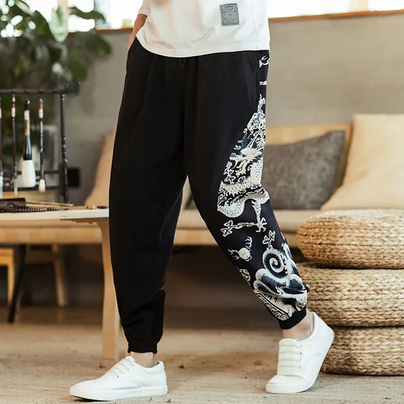 

Men's Cotton and Linen Printed Leggings Trousers Chinese Retro Harem Lace Jogging Pants Men's Sports Fitness Hip-hop Pants