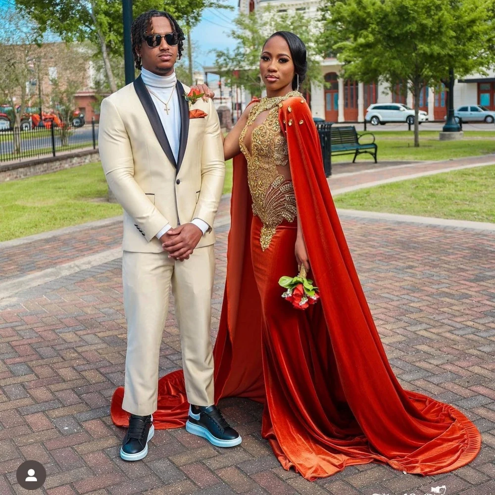 

EVLAST Customized Elegant Red African Long Mermaid Prom Dress Gold Lace Applique Crystal Beaded Cape Party Evening Gown E3P75