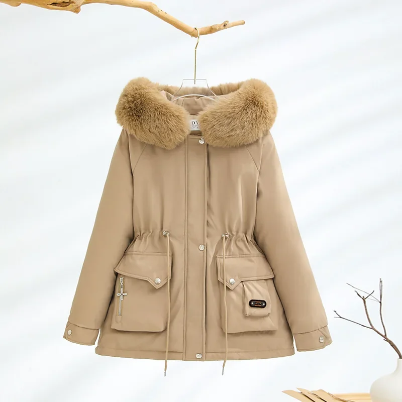 2024 Big Fur Collar Big Pocket Waist Thickened Drawstring Slim Hooded Pie To Overcome Temperament Fashionable Warm Model