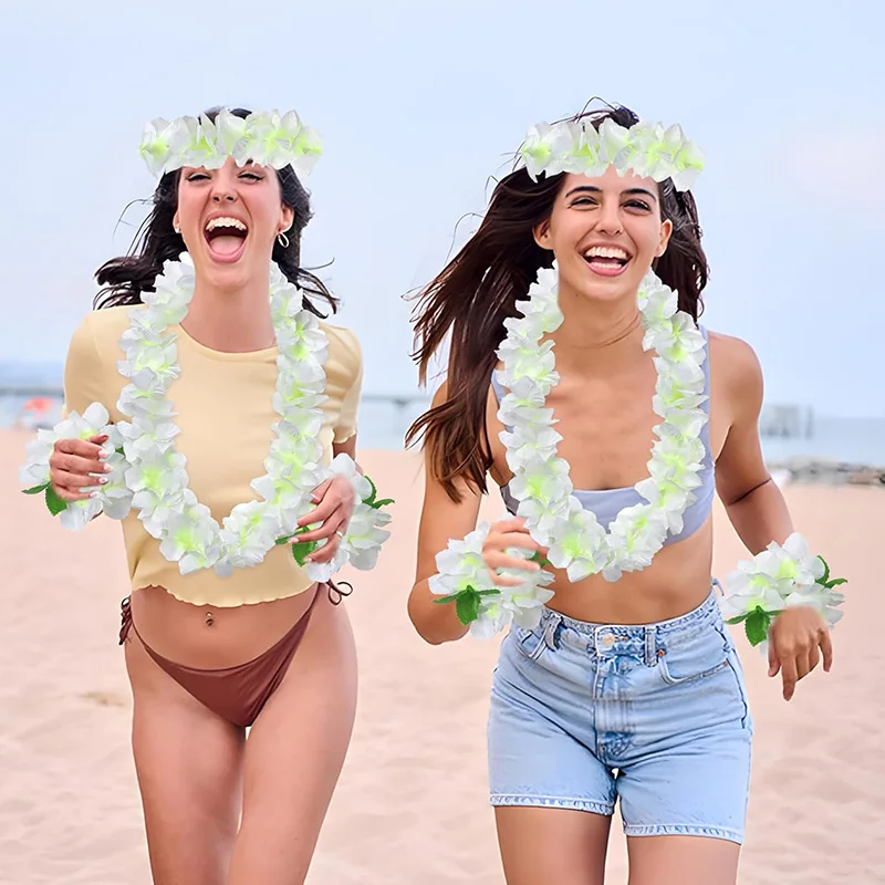 4 Stück hawaiianische Leis-Girlande mit Armbändern für Luau Sommer, tropische Geburtstagsfeier-Dekoration, künstliche Blumenkranz-Halskette – Detail 2