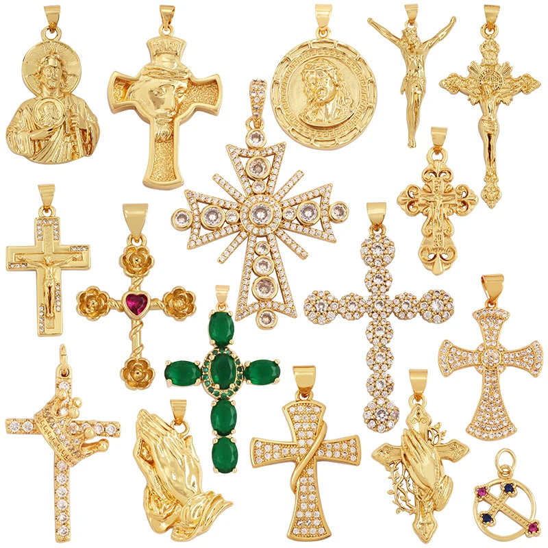 Colgante religioso con dije de cruz de Jesús, circonita cúbica chapada en oro de 18 quilates pavimentada, joyería, collar, pulsera, accesorios, suministros M73
