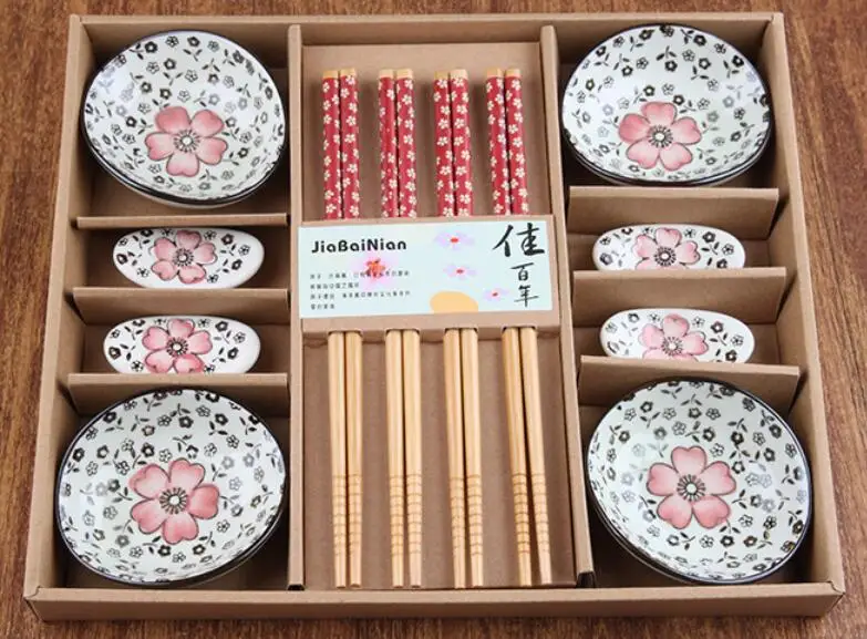 Japanese Style Cherry Blossom Ceramic Sushi Dishes Sashimi Soysauce Dish Dinnerware Set Tableware Set Gift Box (12Pcs/Set)