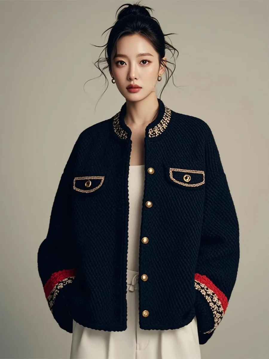 

Tweed Jacket Red Woman Womens Preppy Style Spring Summer Campus College Colorblock Varsity Regular Office School Unisex Trendy